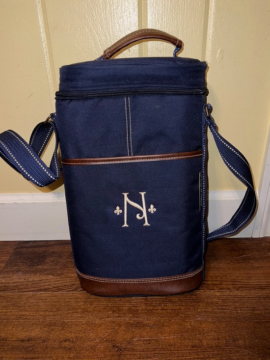 Picnic At Ascot Handbags - Picnic at Ascot Navy Blue Personalized Insulated Zipper Two Bottle Wine Cooler